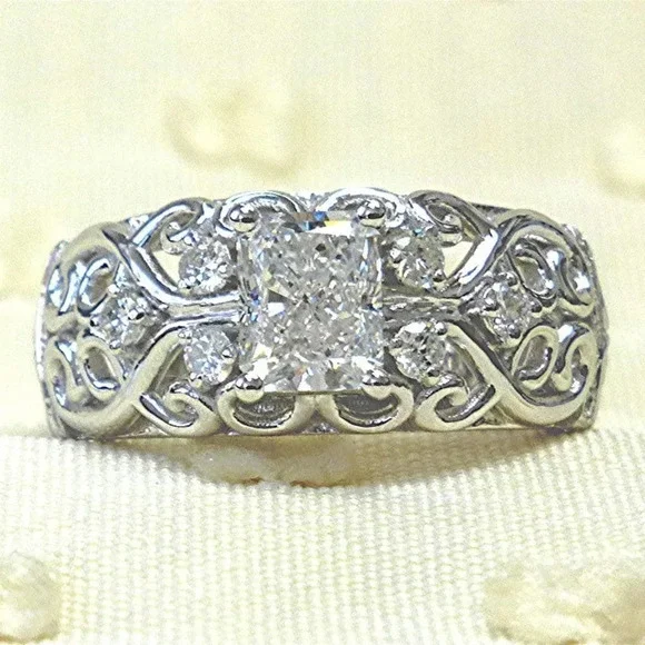 ▶NEW DIAMOND DAINTY RADIANT CUT CARVED 925 STERLING SILVER ETERNITY RING, K997